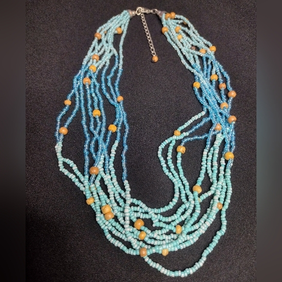 Blue Beaded Necklace With Wood Accent Beads - Picture 2 of 8